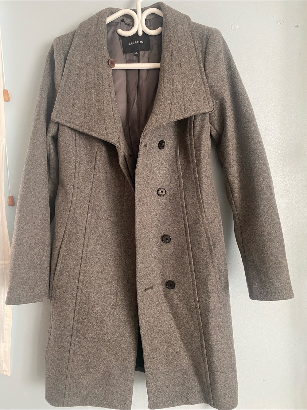 Babaton Womens Gray Wool Pea Coat with Wide Collar